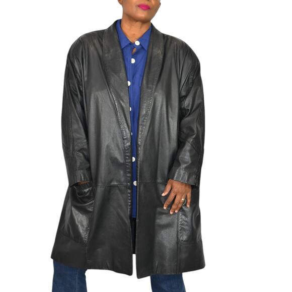 Vintage Black Leather Jacket Coat Oversized Collared Open CST Collection Plus 1X - Picture 1 of 14